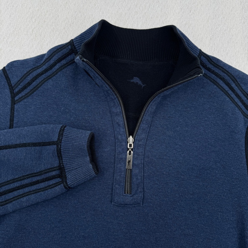 Tommy Bahama Mens L Reversible Quarter Zip Pullover Sweater Navy Blue Coastal